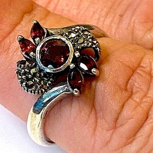 Garnet Marcasite Sterling Silver Flower Ring